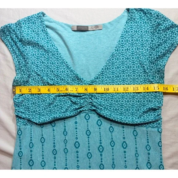 Athleta Knit Mini Dress Womens Size Medium Aqua Blue Boho Ruched V-Neck - Picture 5 of 7
